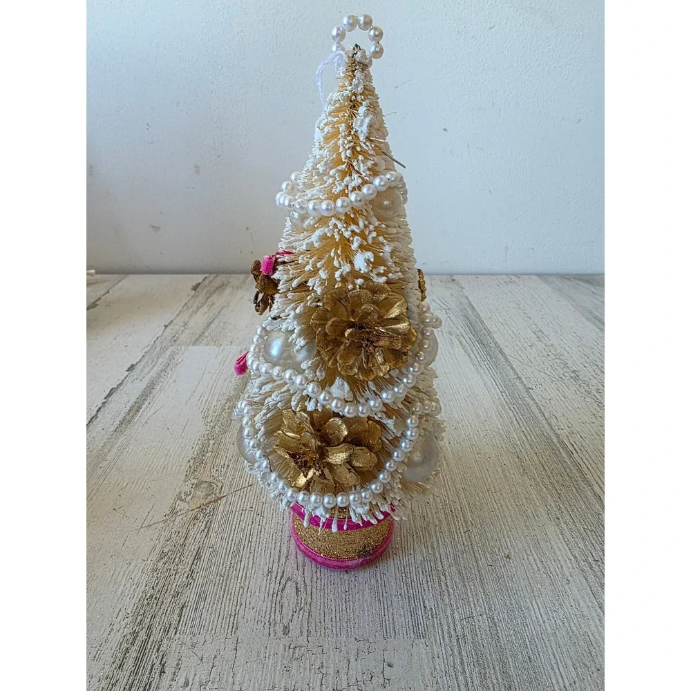 Antique pinecone gold mini bottle brush tree felt beaded pearls Xmas decor